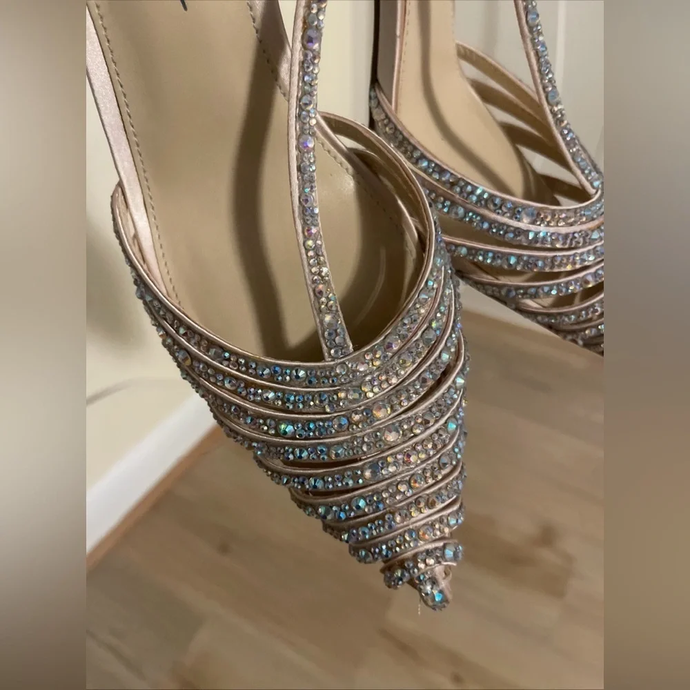 Betsey Johnson Rhinestone Strappy Heels - Cream and Silver Size 8.5